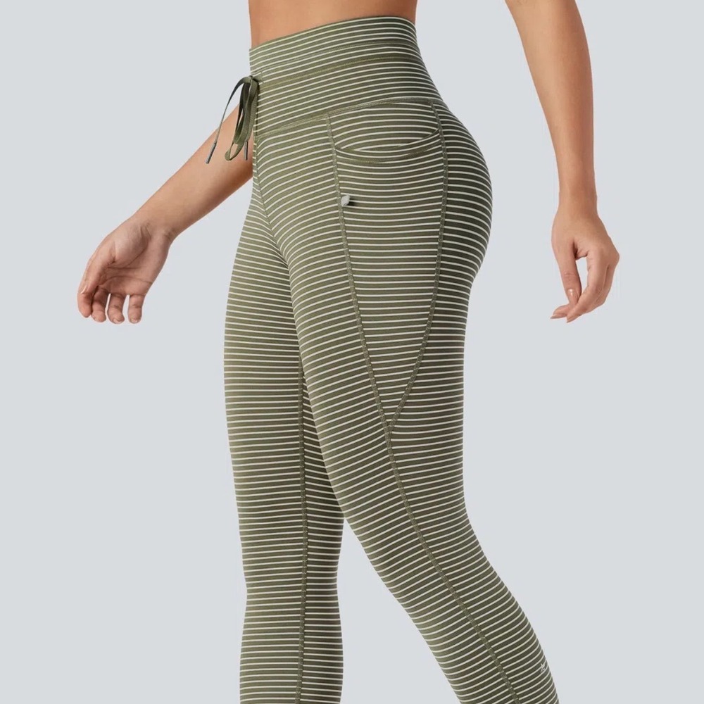 Halara Striped High Waisted Drawstring Leggings Green White Pockets Small Yoga